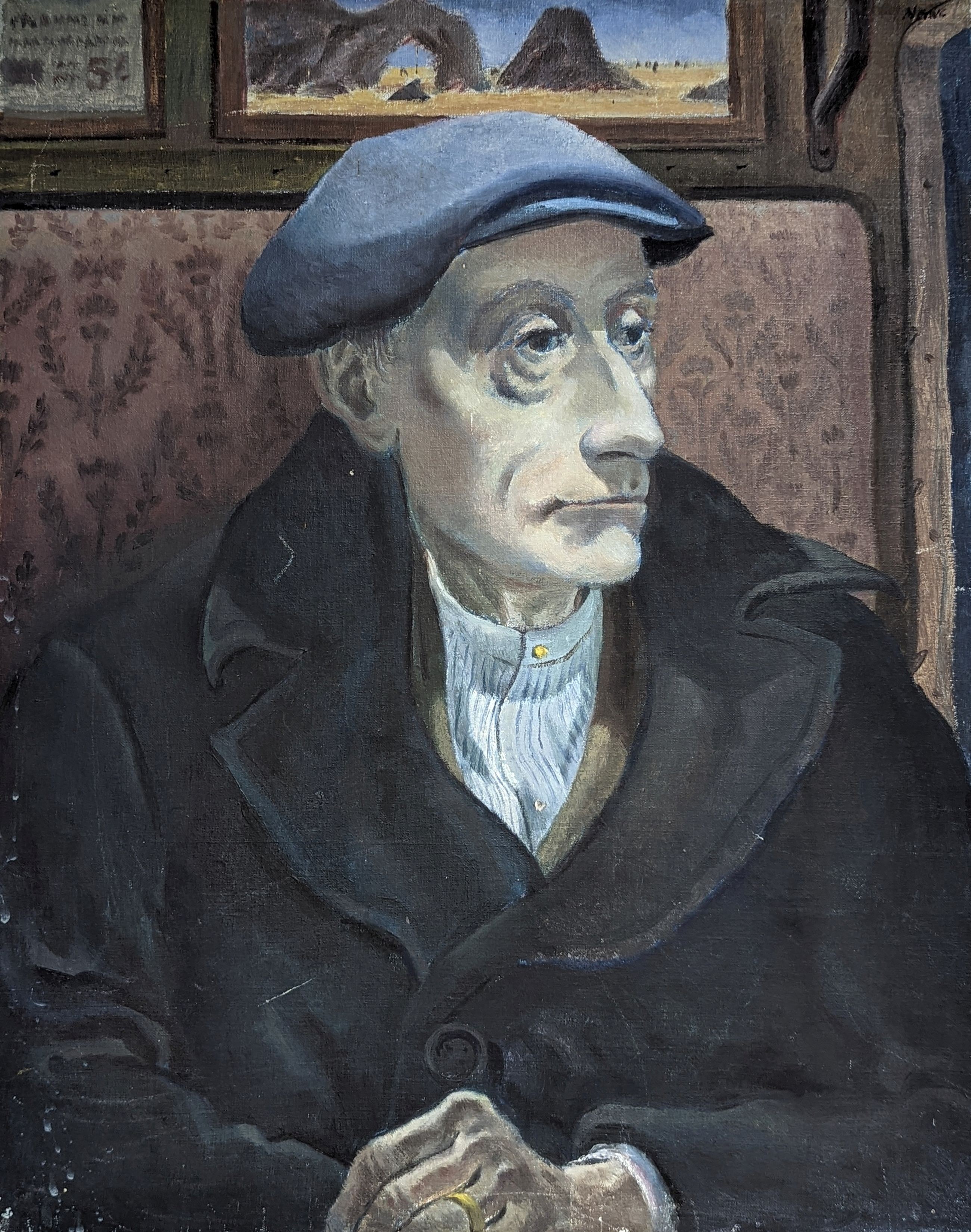 Henry James Neave (1911-1971), oil on canvas, Study of a man seated in a railway carriage, signed, 51 x 41cm, unframed